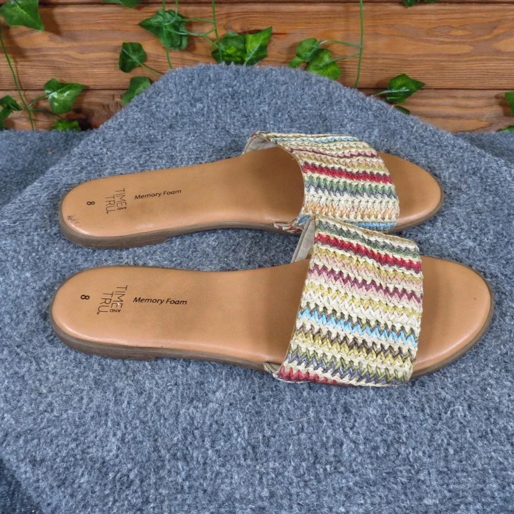 Time and Tru Women Slide Sandals Size 8 Beach Pool Woven Multi Color Tan Straw
